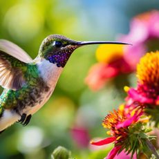 hummingbird visiting colorful flowers in garden